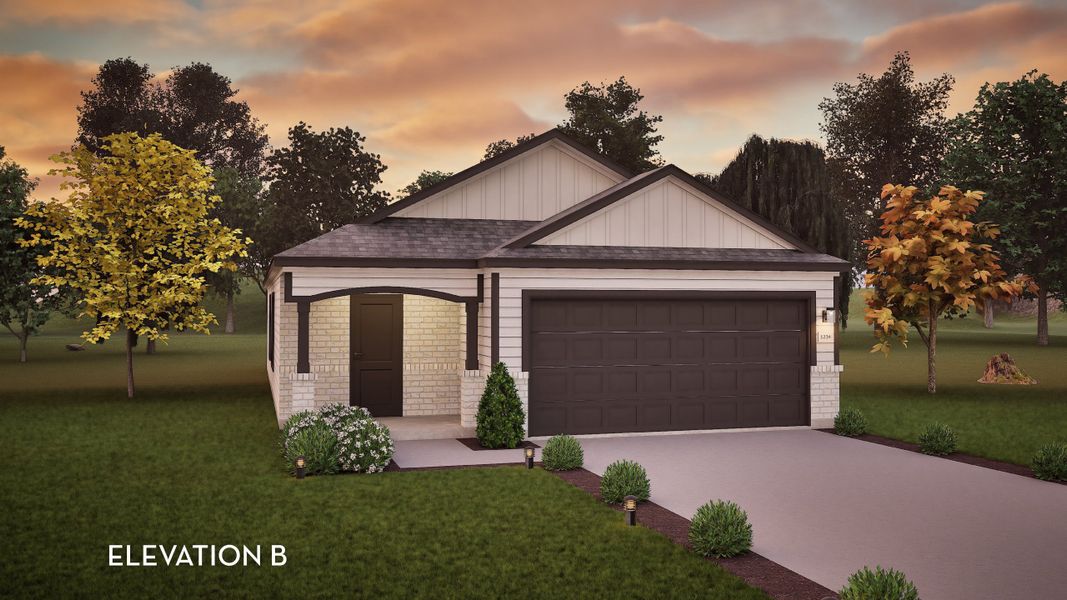 Front exterior of a new home in Windrose Green, Angleton, TX, highlighting curb appeal (Image 1).