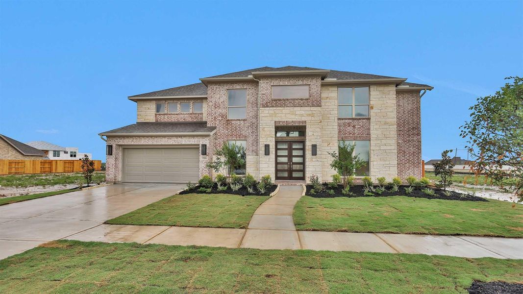 Front exterior of a new home in Valencia 70', Manvel, TX, highlighting curb appeal (Image 2).