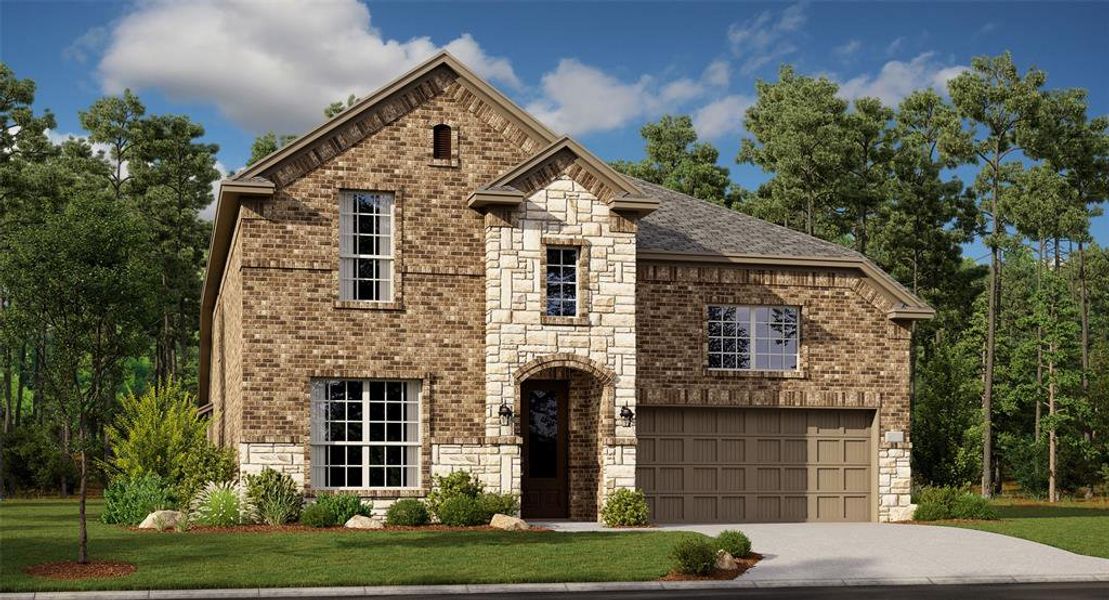 View of front of house with a front lawn and a garage