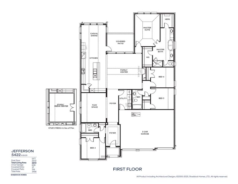 2D floor plan layout for the Jefferson - SH 5422 by Shaddock Homes in Quail Hollow, Rockwall, TX (Image 3).
