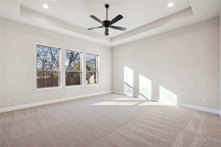 Carpeted spare room featuring a tray ceiling and ceiling fan