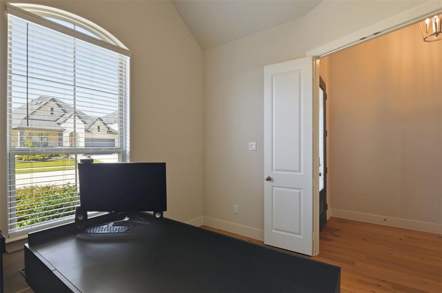 Vaulted ceiling room with an arched window, white blinds, and light-toned walls Vaulted ceiling room with an arched window, white blinds, and light-toned walls