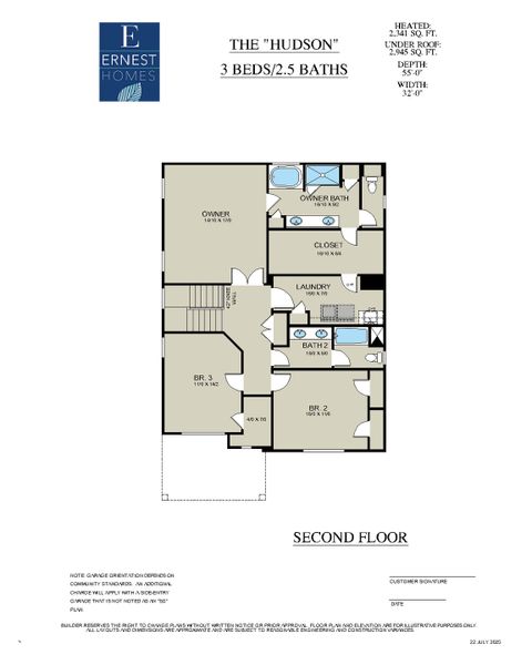 2D floor plan layout for the Hudson by Ernest Homes in New Haven At Belmont Glen, Guyton, GA (Image 3).
