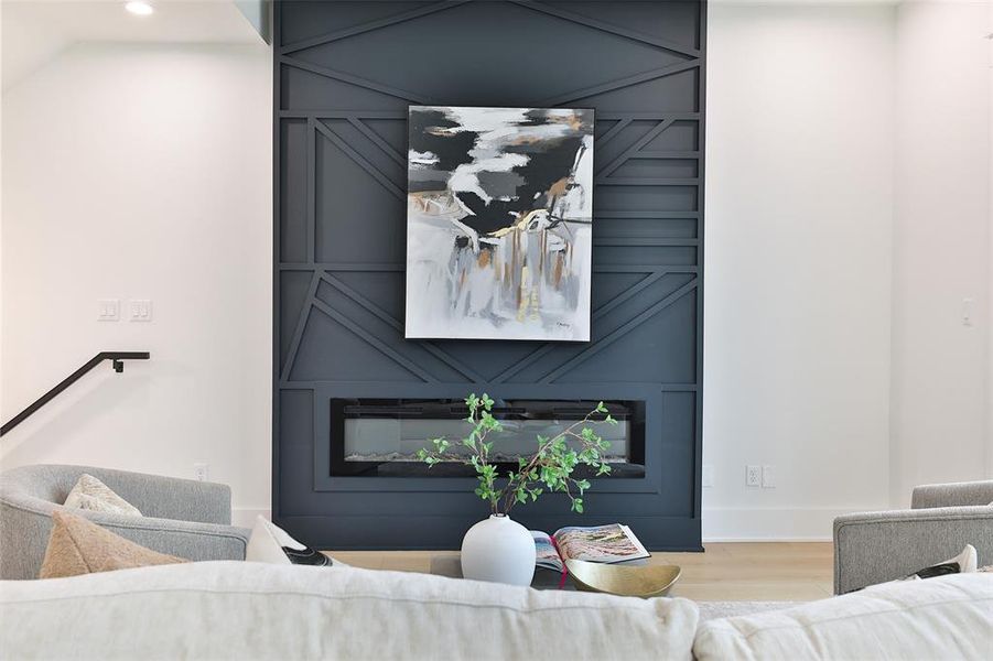 Enhance your living space with symmetric shelving or chic furniture by your sleek, hassle-free electric fireplace.