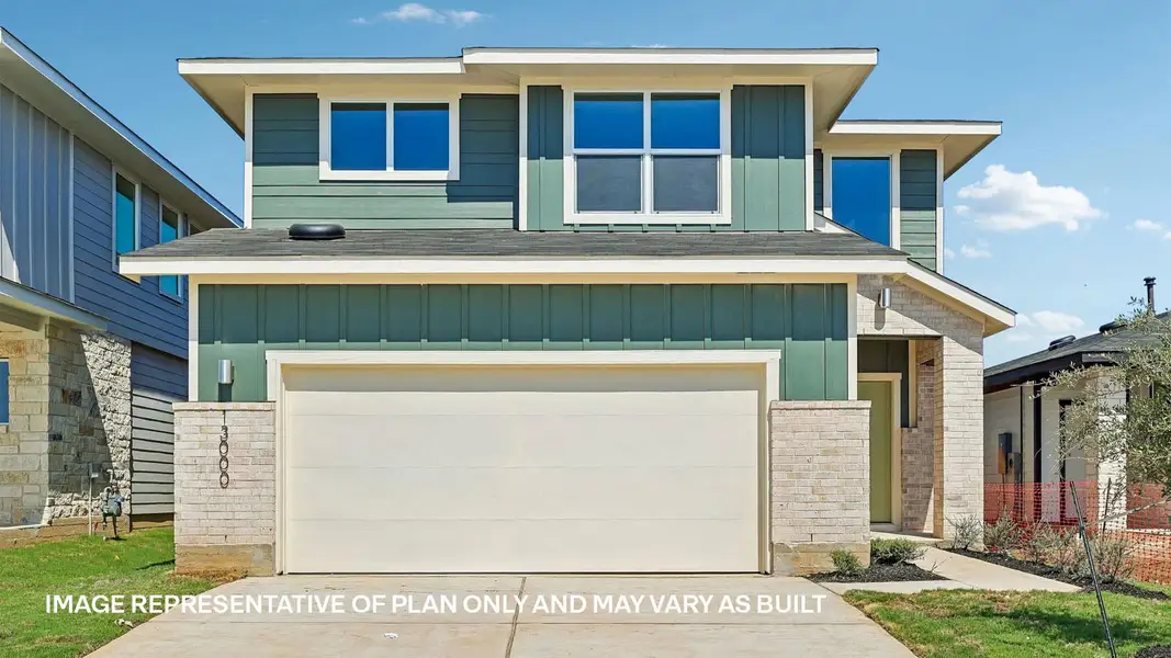 Front exterior of a new home in Frontier, Mustang Ridge, TX, highlighting curb appeal (Image 1). Front exterior of a new home in Frontier, Mustang Ridge, TX, highlighting curb appeal (Image 1).