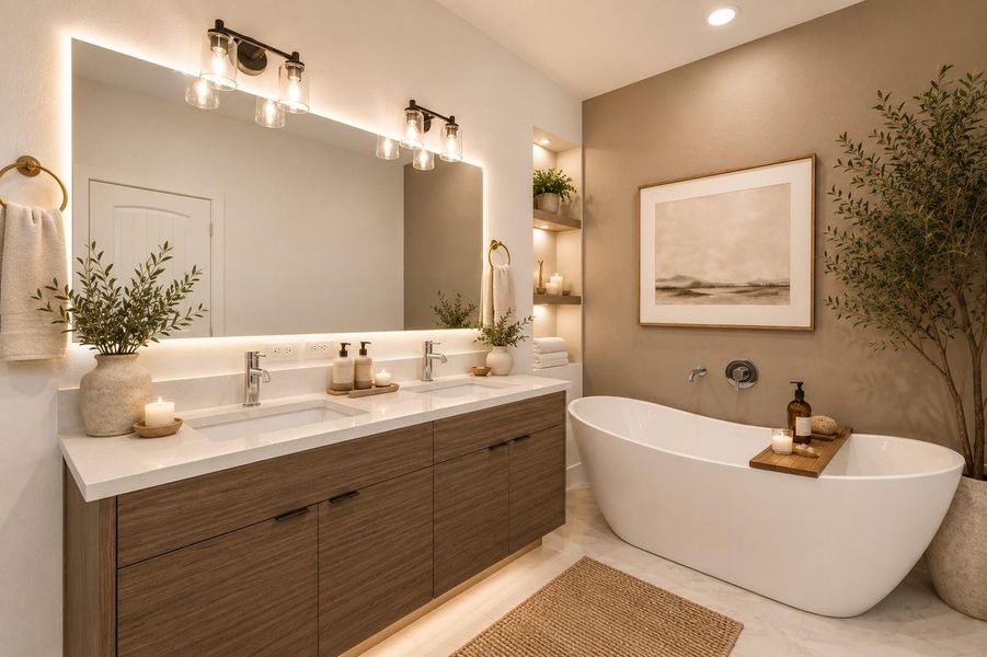 Spa-inspired primary bath featuring dual vanities, quartz countertops, frameless glass shower, and modern luxury finishes.