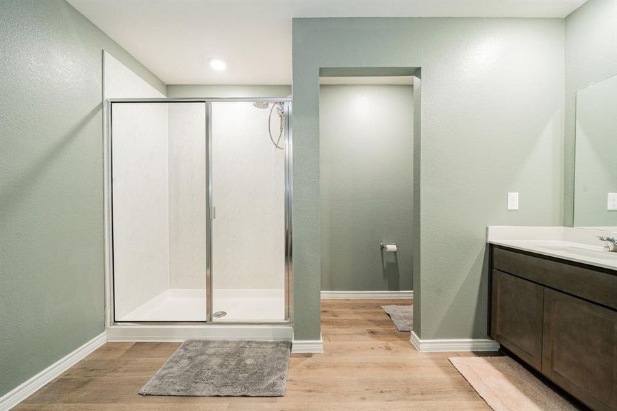 Bathroom featuring a textured wall, light wood-style floors, vanity, and a stall shower Bathroom featuring a textured wall, light wood-style floors, vanity, and a stall shower