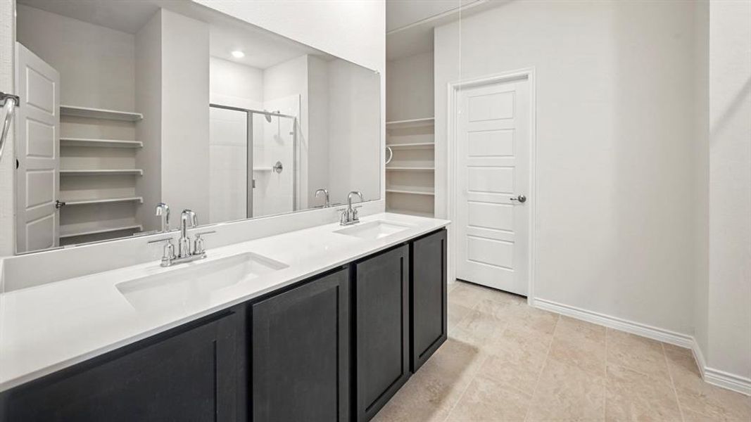 Bathroom with a spacious closet, double vanity, and a shower stall
