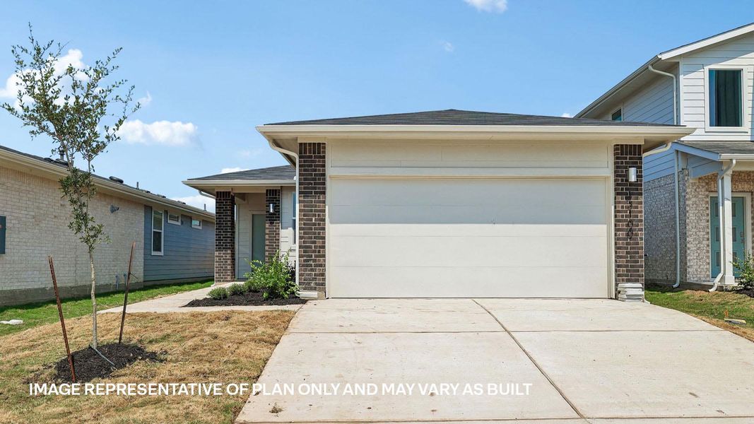 Front exterior of a new home in Frontier, Mustang Ridge, TX, highlighting curb appeal (Image 2). Front exterior of a new home in Frontier, Mustang Ridge, TX, highlighting curb appeal (Image 2).