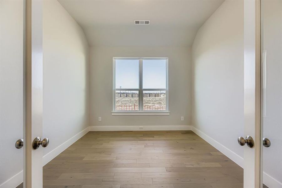 Spare room featuring light wood finished floors and lofted ceiling
