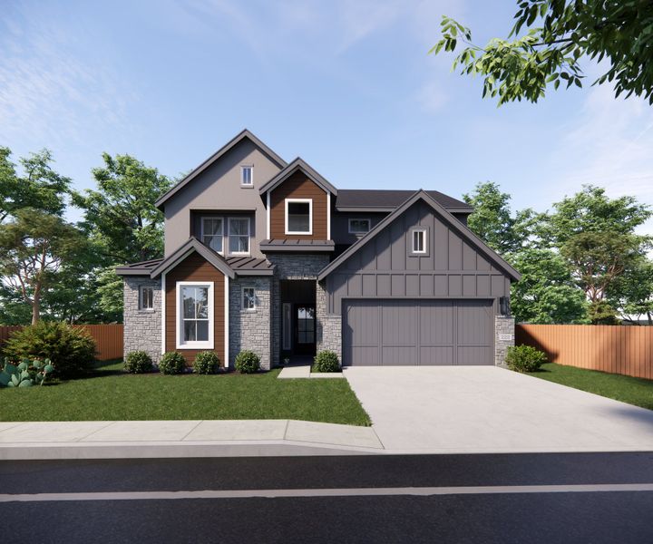 Front exterior of a new home in Lariat, Liberty Hill, TX, highlighting curb appeal (Image 1).