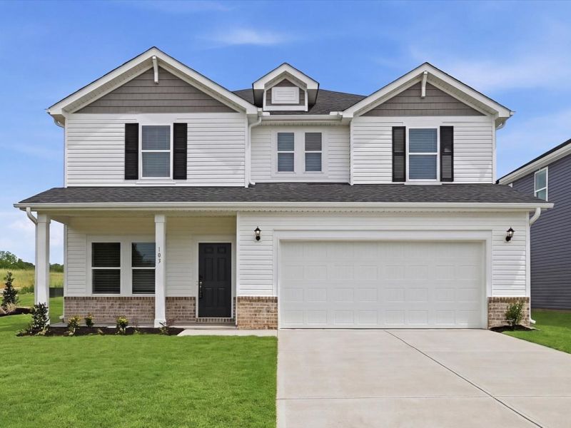 Front exterior of a new home in The Farm at Wells Creek - Signature Collection, Gray Court, SC, highlighting curb appeal (Image 1). Front exterior of a new home in The Farm at Wells Creek - Signature Collection, Gray Court, SC, highlighting curb appeal (Image 1).
