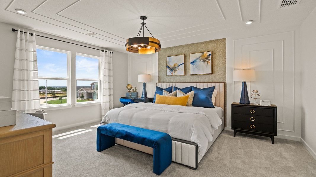 Primary Suite in the Model Highbourne by DRB Homes in Hamilton Bluff located in Haines City, FL. Primary Suite in the Model Highbourne by DRB Homes in Hamilton Bluff located in Haines City, FL.