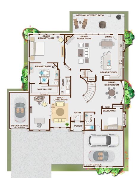 2D floor plan layout for the Hartford - 3 Car Garage by Grand Homes in Somerset Park, Rockwall, TX (Image 3).