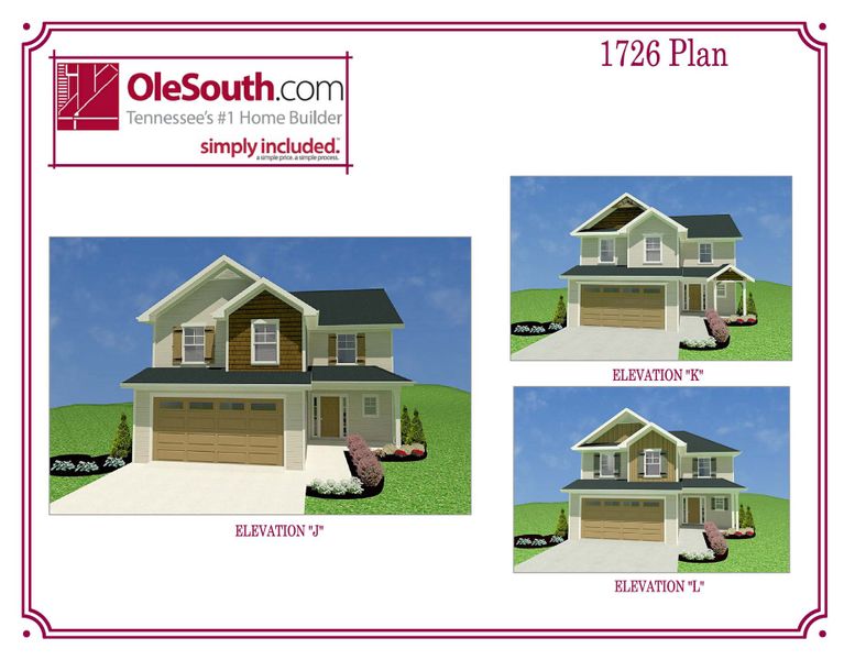 Representative exterior photo of a completed home built from the 1726 Elevation JKL by Ole South in Finch Branch, La Vergne, TN (Image 1).