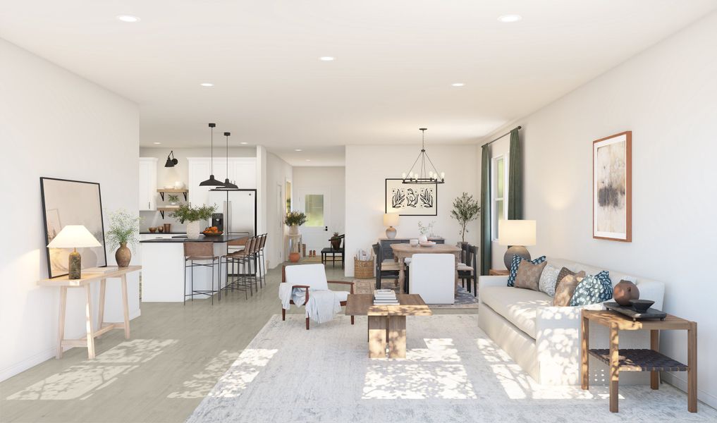 Bright and open great room with luxurious tile flooring Bright and open great room with luxurious tile flooring