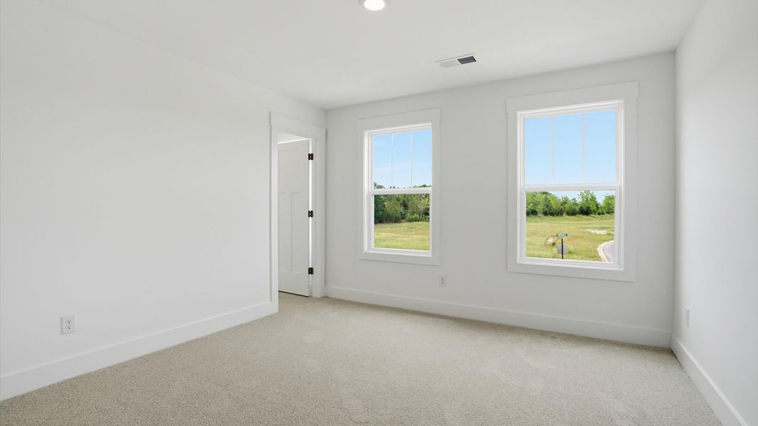 Accomplished bedroom layout with cozy carpet, a spacious walk-in closet, and sun-filled windows