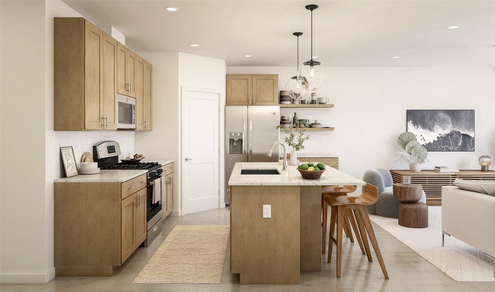 Light stain cabinets and quartz in the kitchen (*Artist rendering used for illustration purposes only.)