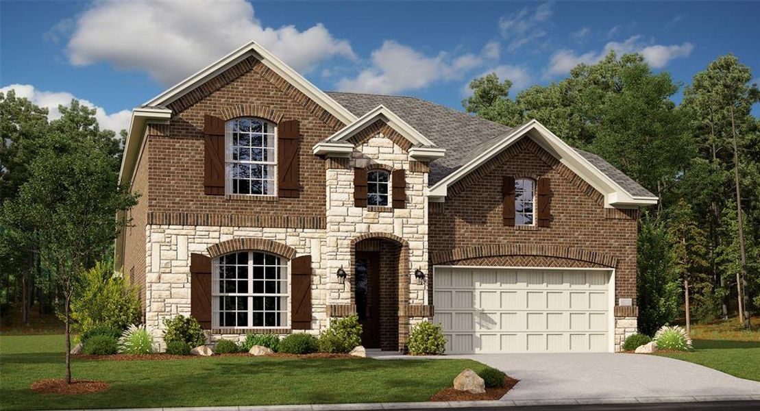 Brick and stone facade featuring arched windows with dark shutters, an attached two-car garage, and a concrete driveway Brick and stone facade featuring arched windows with dark shutters, an attached two-car garage, and a concrete driveway