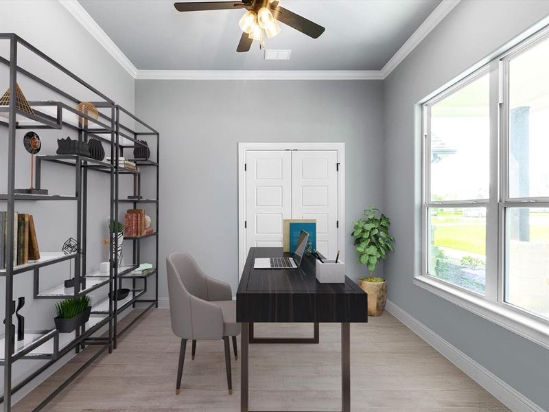 Office with crown molding, light wood finished floors, and ceiling fan Office with crown molding, light wood finished floors, and ceiling fan