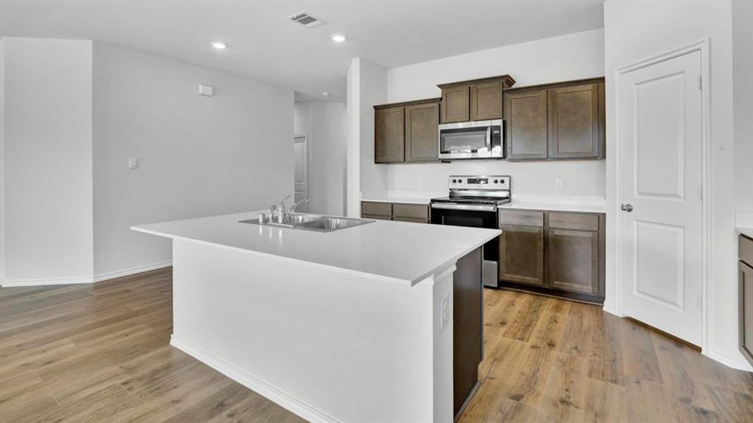 Kitchen featuring stainless steel appliances, a kitchen island with sink, dark wood finish cabinets, light wood-type flooring, and recessed lighting