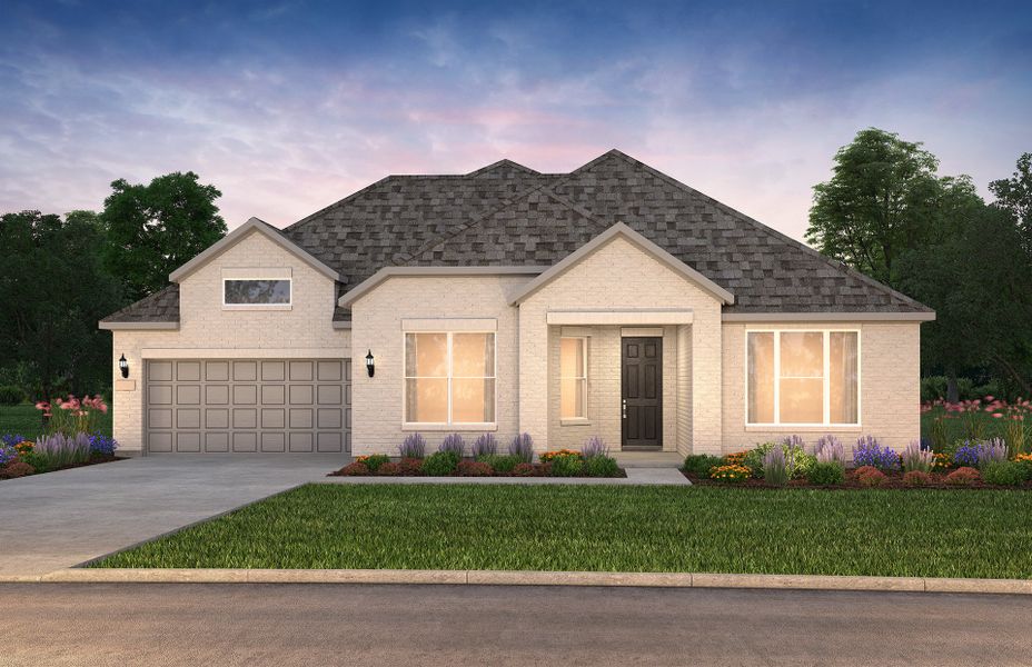 The Reverence, a one-story home with 2-car garage, shown with Home Exterior TR201