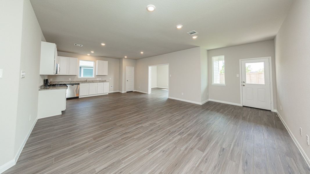 Family Room to Dining Area, Kitchen, and Flex Room