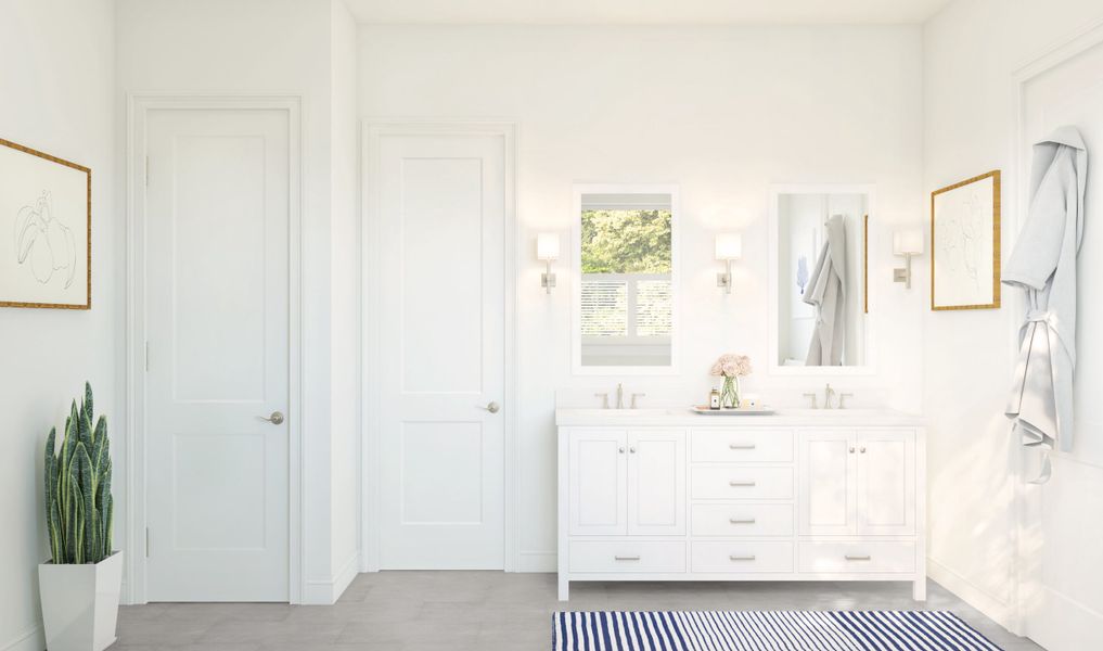 Primary bath with freestanding dual vanity