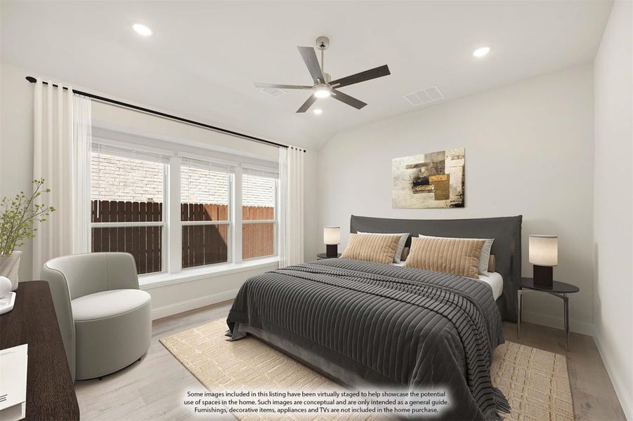 Bedroom with king bed, ceiling fan, hardwood floors, and large windows with white curtains