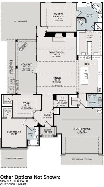 2D floor plan layout for the Carrara by Sitterle Homes in Comanche Trace, Kerrville, TX (Image 3).