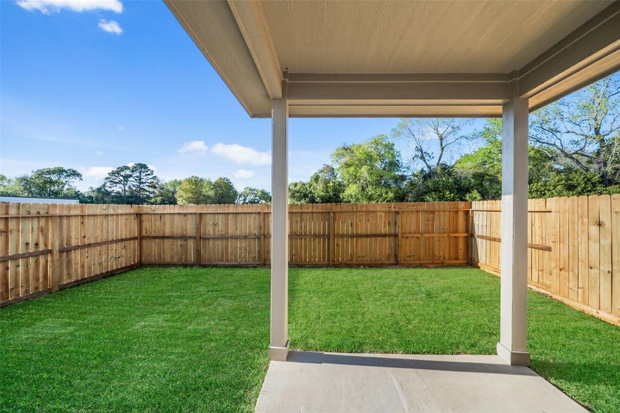 Backyard with covered patio.