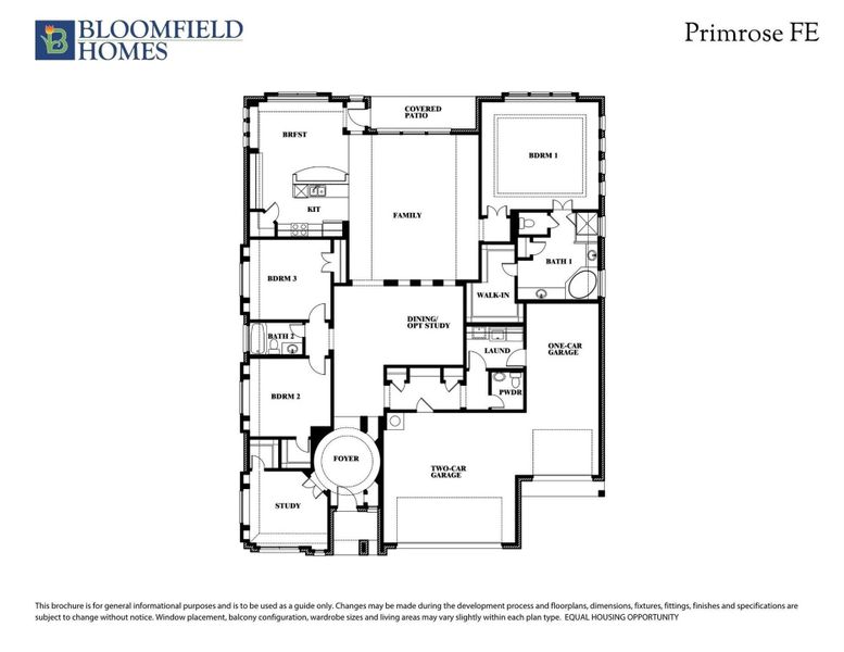 Bloomfield Homes Primrose FE floor plan with three bedrooms, study, family room, and three-car garage layout.