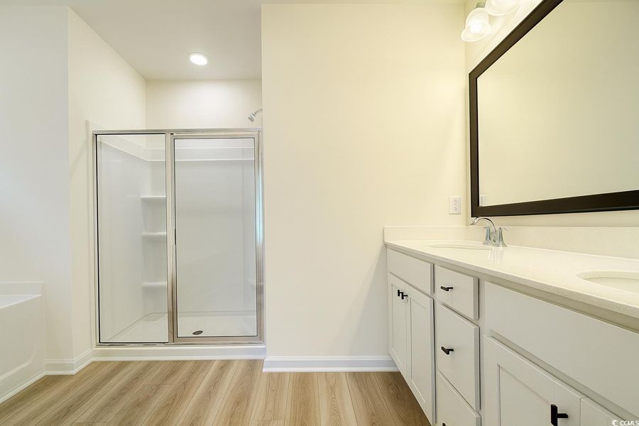 Full bath with a shower stall, double vanity, wood finished floors, and recessed lighting