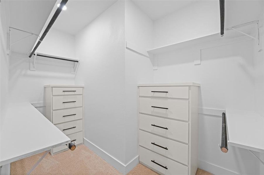 Walk-in closet featuring white built-in cabinetry with black hardware, track lighting, shelves, and hanging rods Walk-in closet featuring white built-in cabinetry with black hardware, track lighting, shelves, and hanging rods