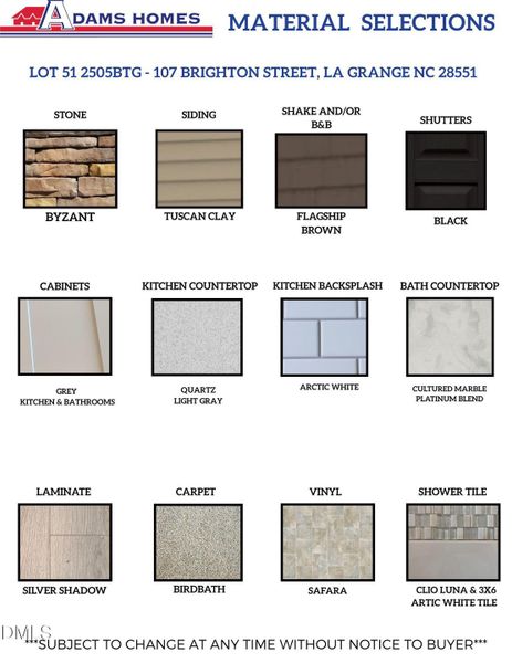 LOT 51 MATERIAL SELECTION SHEET LOT 51 MATERIAL SELECTION SHEET