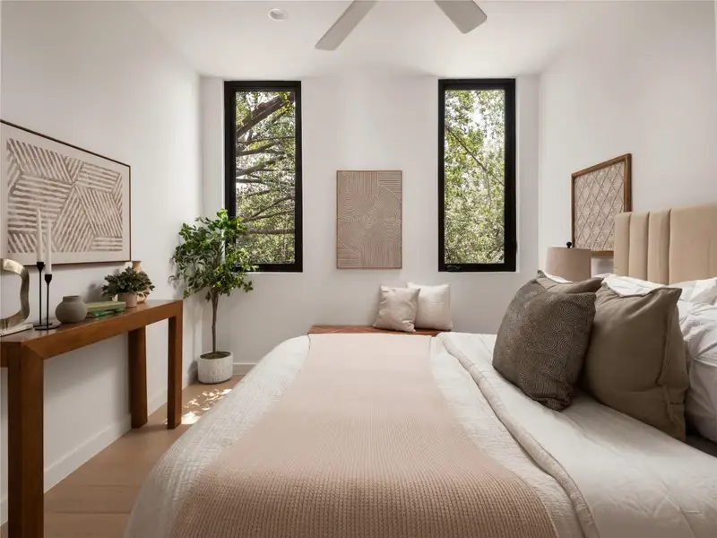 Hardwood floors and tall windows illuminate this naturally lit, tranquil third bedroom retreat. Hardwood floors and tall windows illuminate this naturally lit, tranquil third bedroom retreat.