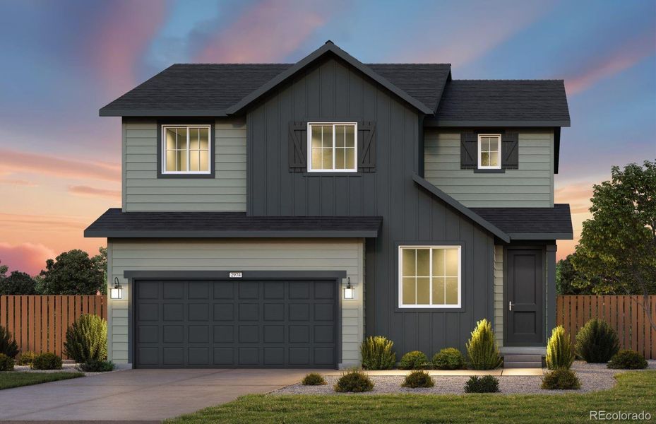 Front exterior of a new home in Wolf Creek Run West, Strasburg, CO, highlighting curb appeal (Image 1).