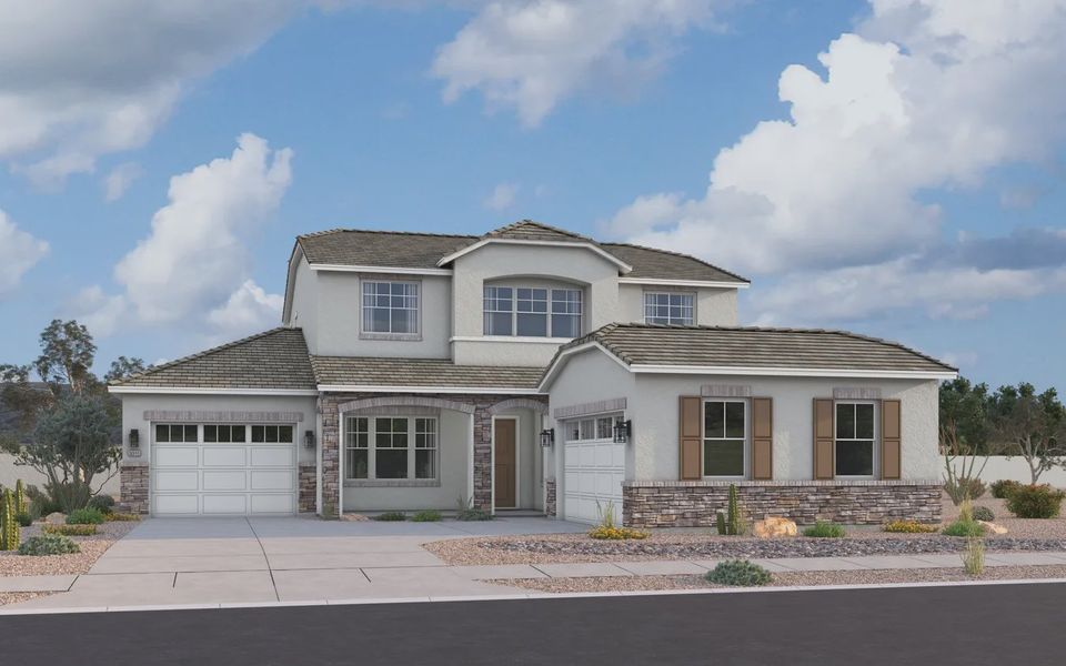 Representative exterior photo of a completed home built from the Delfino by Elliott Homes in Valencia at Granite Vista, Waddell, AZ (Image 26). Representative exterior photo of a completed home built from the Delfino by Elliott Homes in Valencia at Granite Vista, Waddell, AZ (Image 26).