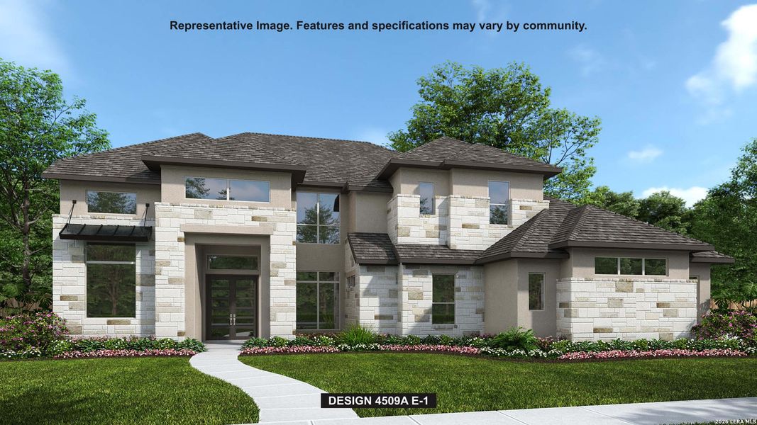 Front exterior of a new home in George's Ranch, Boerne, TX, highlighting curb appeal (Image 1). Front exterior of a new home in George's Ranch, Boerne, TX, highlighting curb appeal (Image 1).