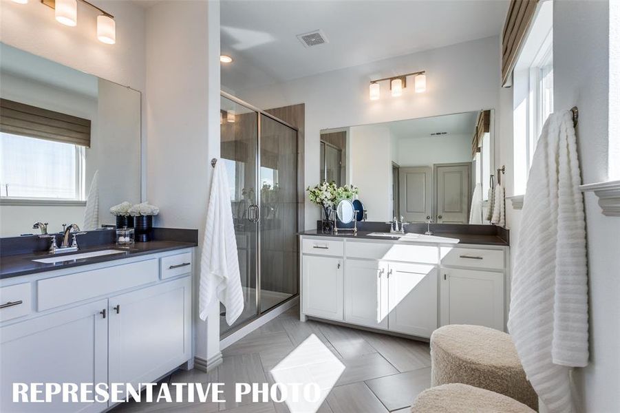 Plenty of room for 2 in this over the top owner's bath featuring separate vanities and a spacious walk in shower! REPRESENTATIVE PHOTO Plenty of room for 2 in this over the top owner's bath featuring separate vanities and a spacious walk in shower! REPRESENTATIVE PHOTO