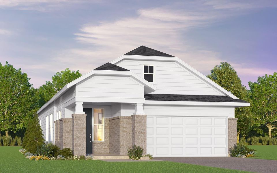 View of front facade with roof with shingles, brick siding, a garage, and driveway View of front facade with roof with shingles, brick siding, a garage, and driveway