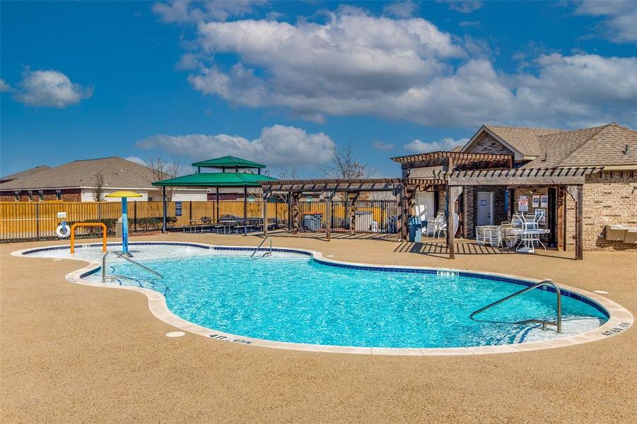 View of pool featuring a pergola and a patio