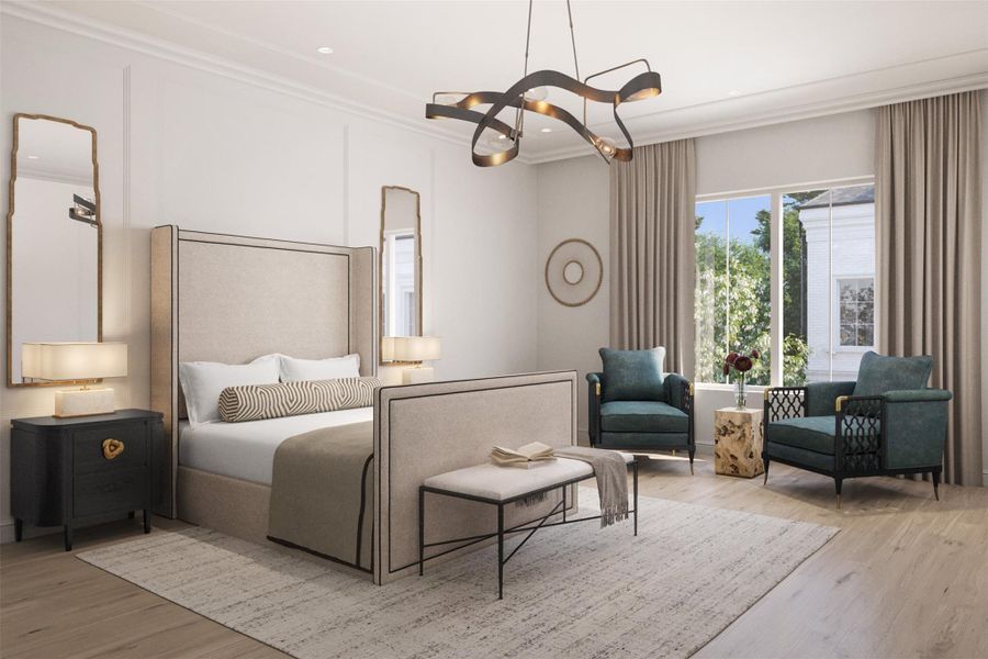 The primary suite is adorned with 10-foot ceilings and a spacious wardrobe closet. It offers a freestanding soaking tub, a high-end Laticrete shower system, and tastefully crafted English-inspired stacked crown moldings. Furthermore, the suite showcases exquisite Legno Bastone European wood floors, adding to its overall elegance and charm. The primary suite is adorned with 10-foot ceilings and a spacious wardrobe closet. It offers a freestanding soaking tub, a high-end Laticrete shower system, and tastefully crafted English-inspired stacked crown moldings. Furthermore, the suite showcases exquisite Legno Bastone European wood floors, adding to its overall elegance and charm.