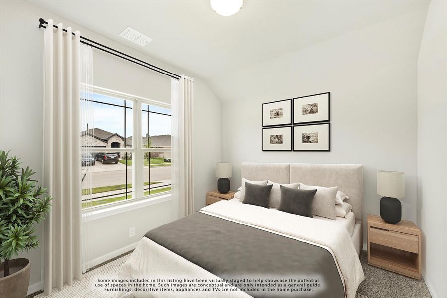 Bedroom with vaulted ceiling, large window, neutral bedding, and wood nightstands Bedroom with vaulted ceiling, large window, neutral bedding, and wood nightstands