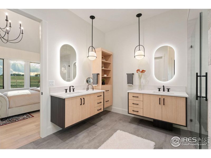 Owner's 5 Piece Bathroom. Floating Vanities, Backlit Mirrors, In Floor Radiant Heat