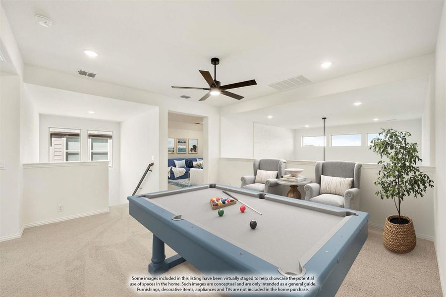 Game room with pool table, ceiling fan, seating area, and carpet flooring