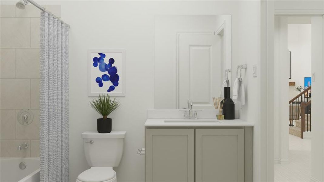 Full bath featuring shower / bath combo and vanity Full bath featuring shower / bath combo and vanity