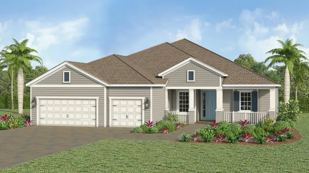Front exterior of a new home in Kingston South Real Estate and Homes for Sale in Estero, FL - Neal Communities, Estero, FL, highlighting curb appeal (Image 21). Front exterior of a new home in Kingston South Real Estate and Homes for Sale in Estero, FL - Neal Communities, Estero, FL, highlighting curb appeal (Image 21).