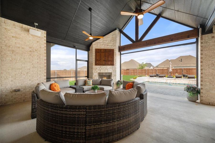 Patio with fireplace