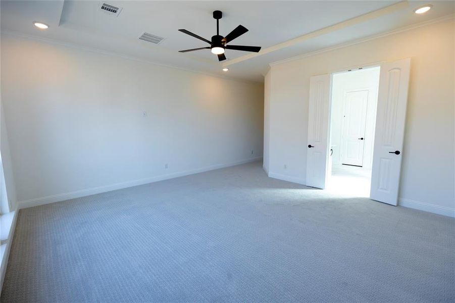 Spare room featuring crown molding, light colored carpet, and ceiling fan